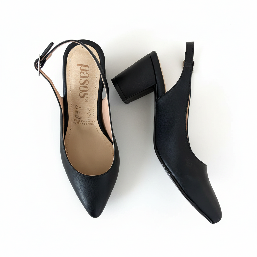 Vista aérea par de zapatos slingback negros tacón bloque Ref 7320
