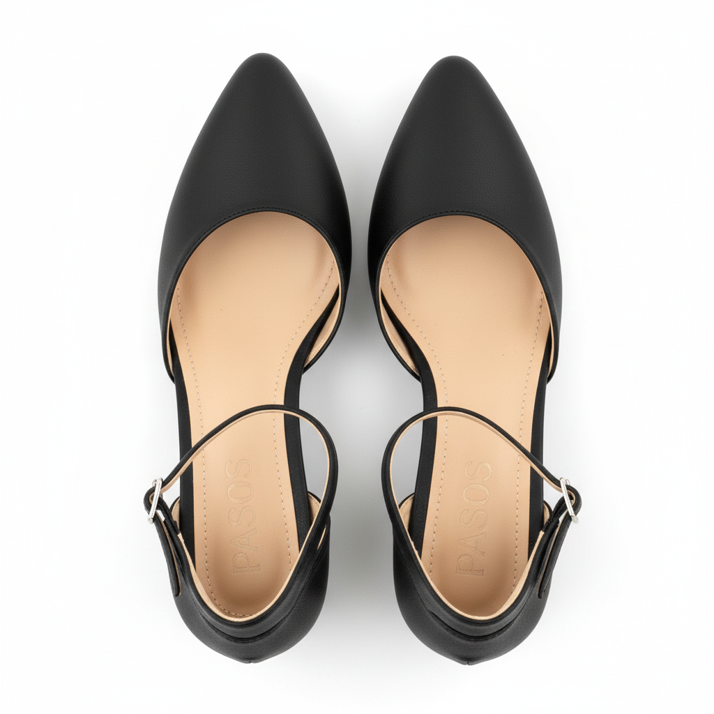 Vista aérea par de zapatos slingback negros tacón bloque Ref 7858