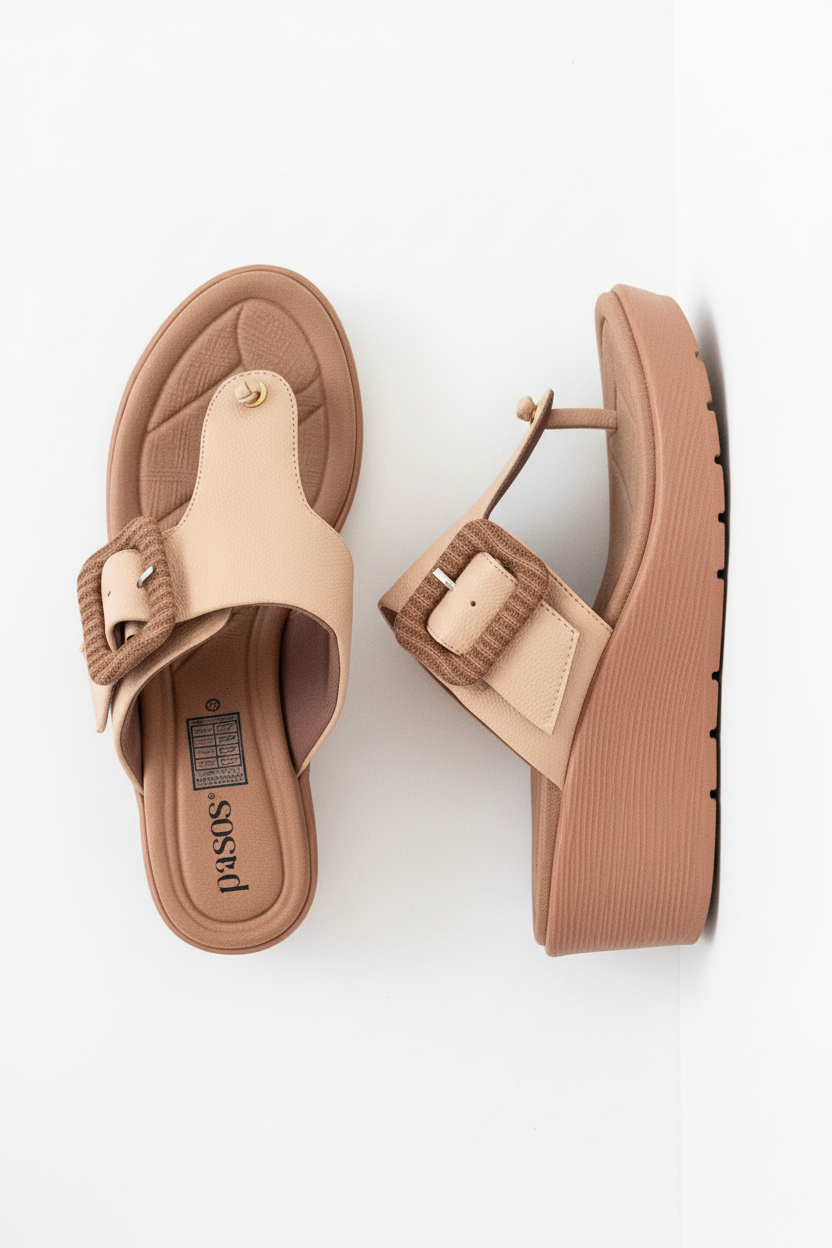 Vista aérea par sandalia beige thong cuña salmón hebilla yute fondo blanco Ref 8015