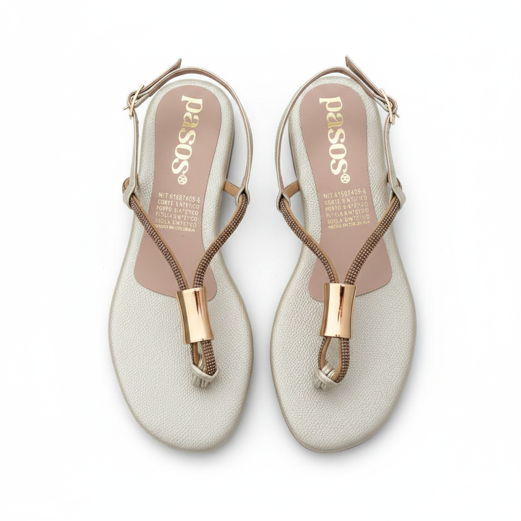 Vista aérea par sandalia champaña T-strap strass placa rose gold sin accesorios Ref 8184