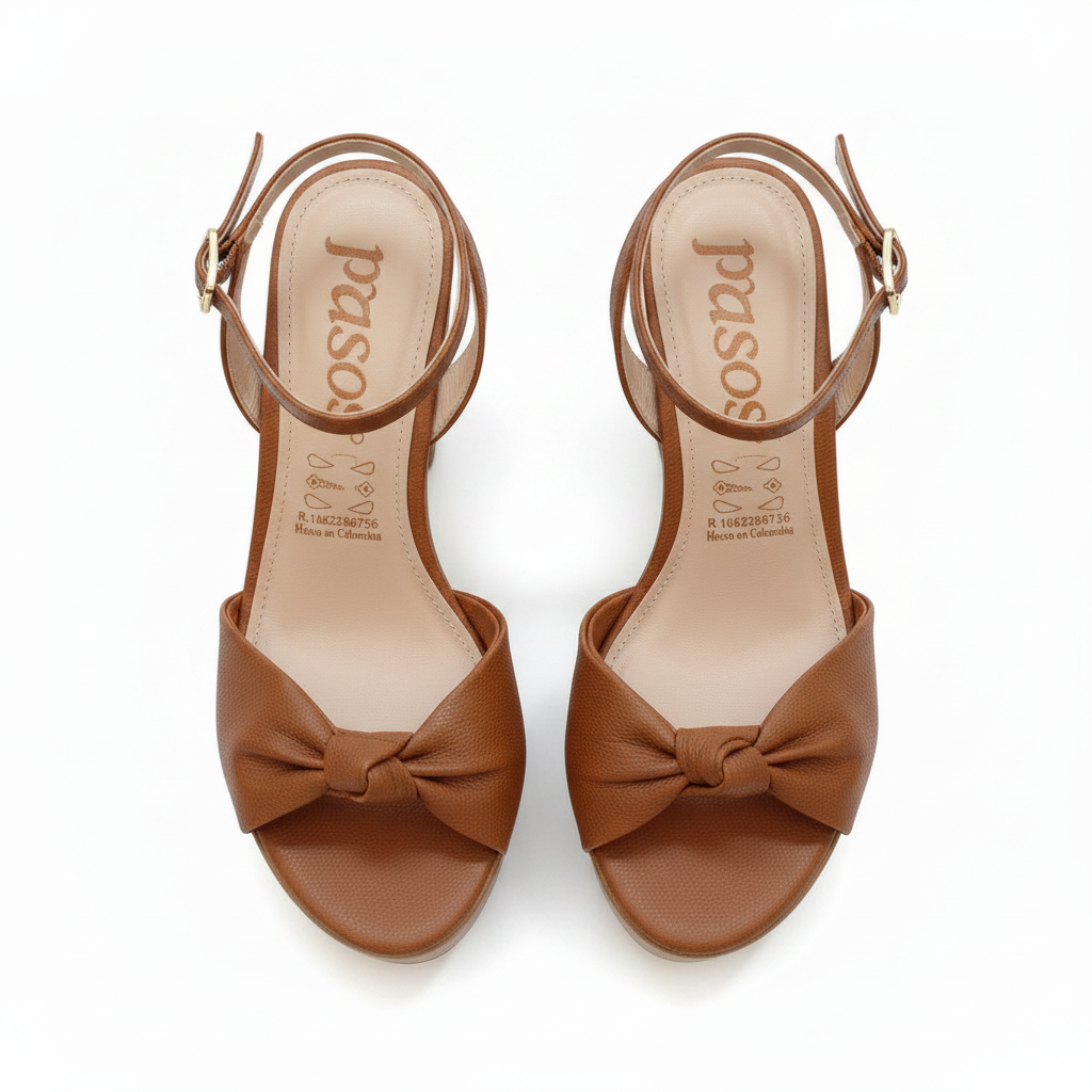 Vista aérea par sandalia cognac knot logo pasos tacón bloque madera Ref 5889