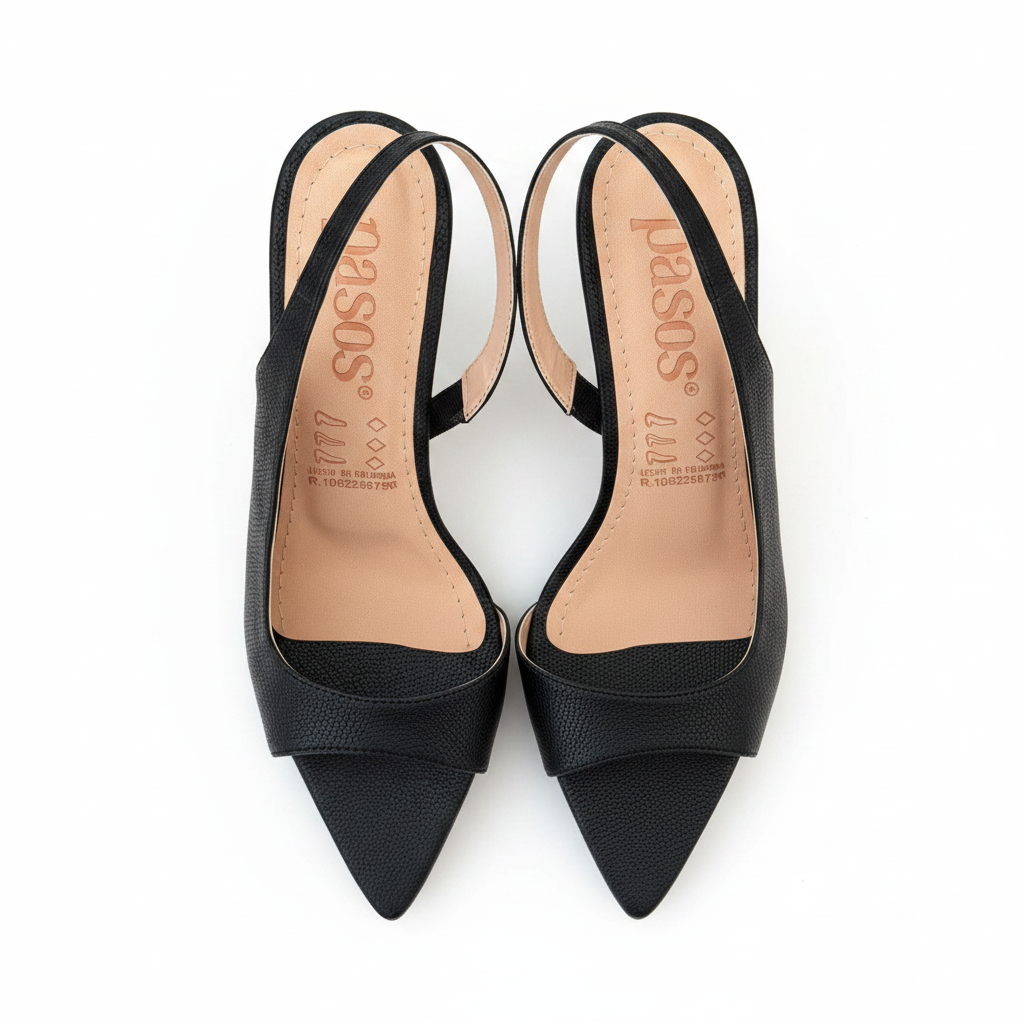 Vista aérea par slingback negro saffiano stiletto d'Orsay logo pasos Ref 8202