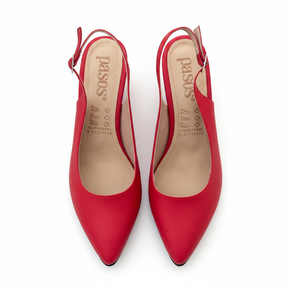 Vista aérea par slingback rojo tacón bloque punta puntiaguda logo pasos Ref 7320