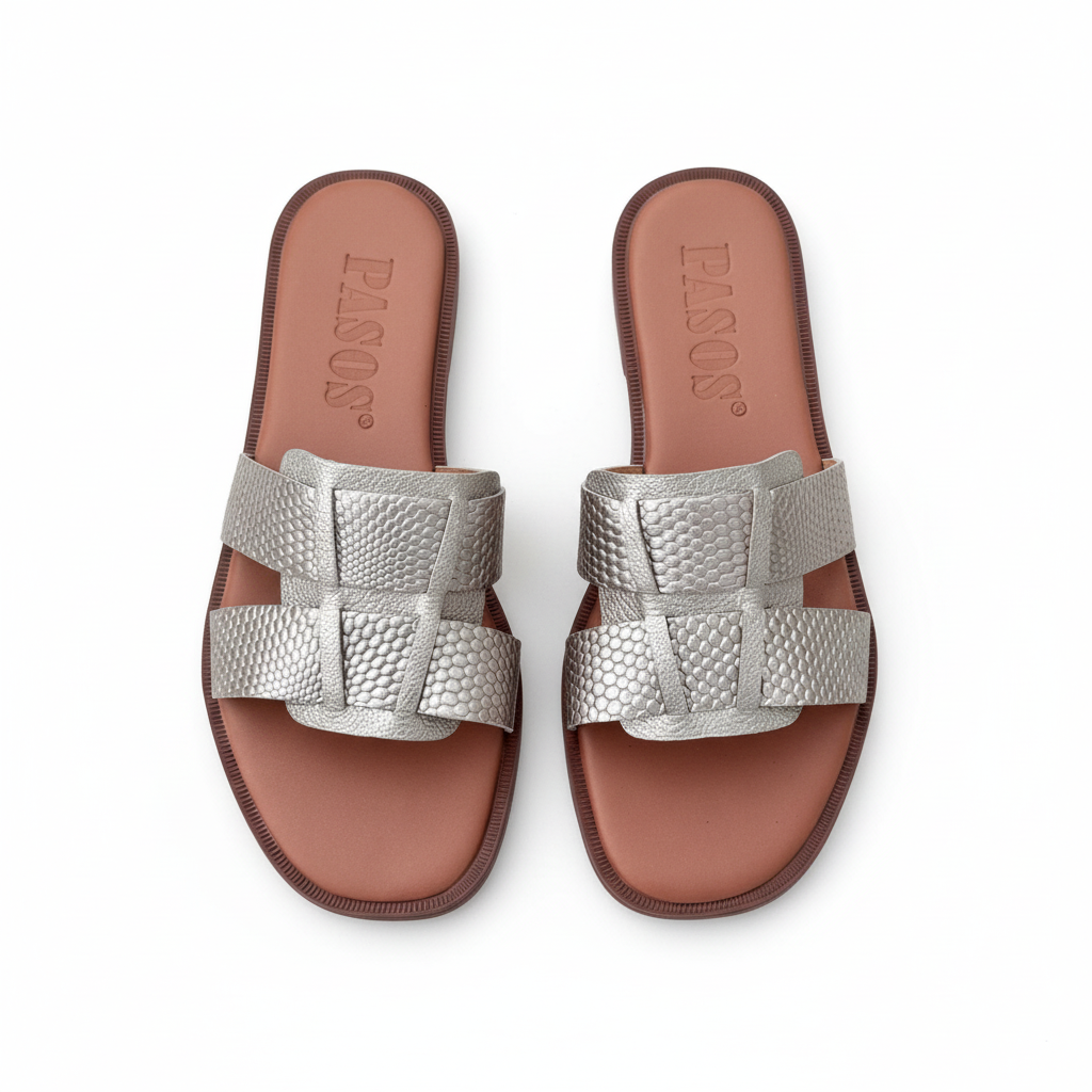 Vista aérea sandalia H-slide plateada con textura serpiente