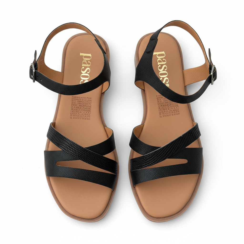 Vista aérea sandalia negra con tiras