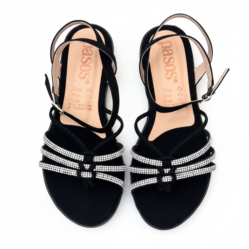 Vista aérea sandalia plana negra - exacta a la original