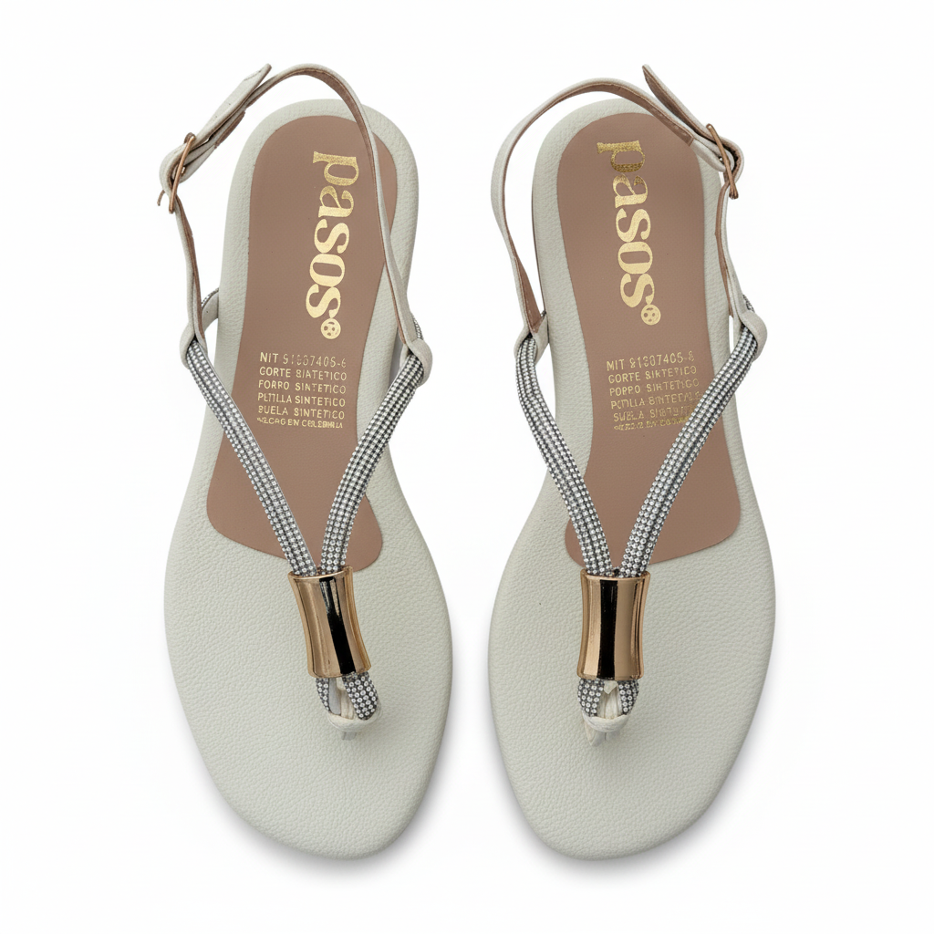 Vista aérea sandalia T-strap blanca con pedrería