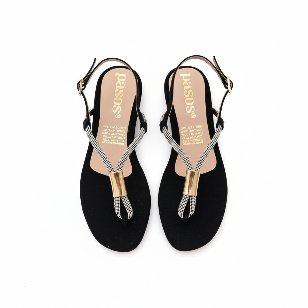 Vista aérea sandalia T-strap negra con pedrería