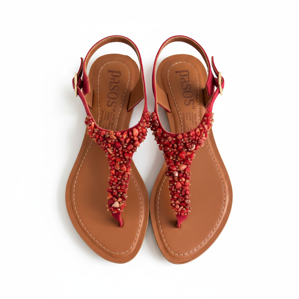 Vista aérea sandalia T-strap roja con pedrería