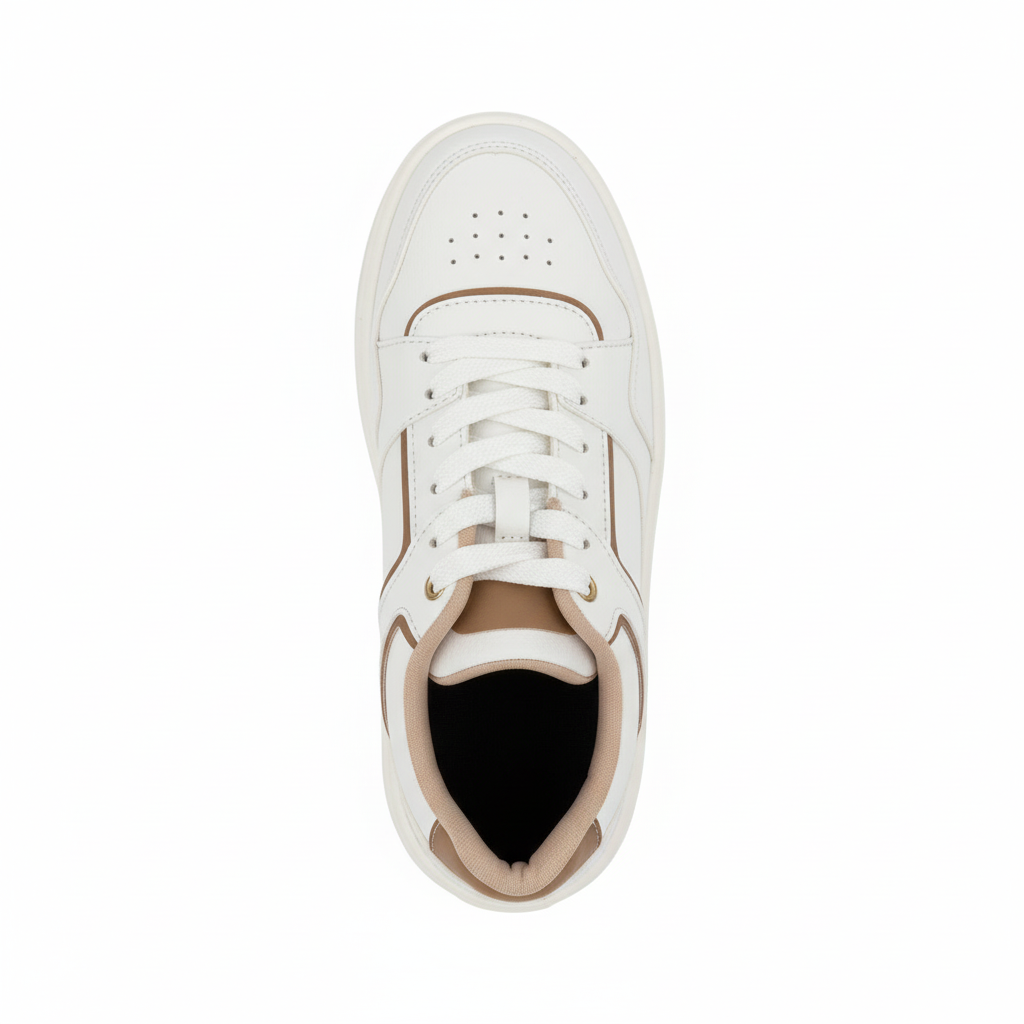 Vista aérea zapatilla deportiva blanca con detalles beige Ref 7943