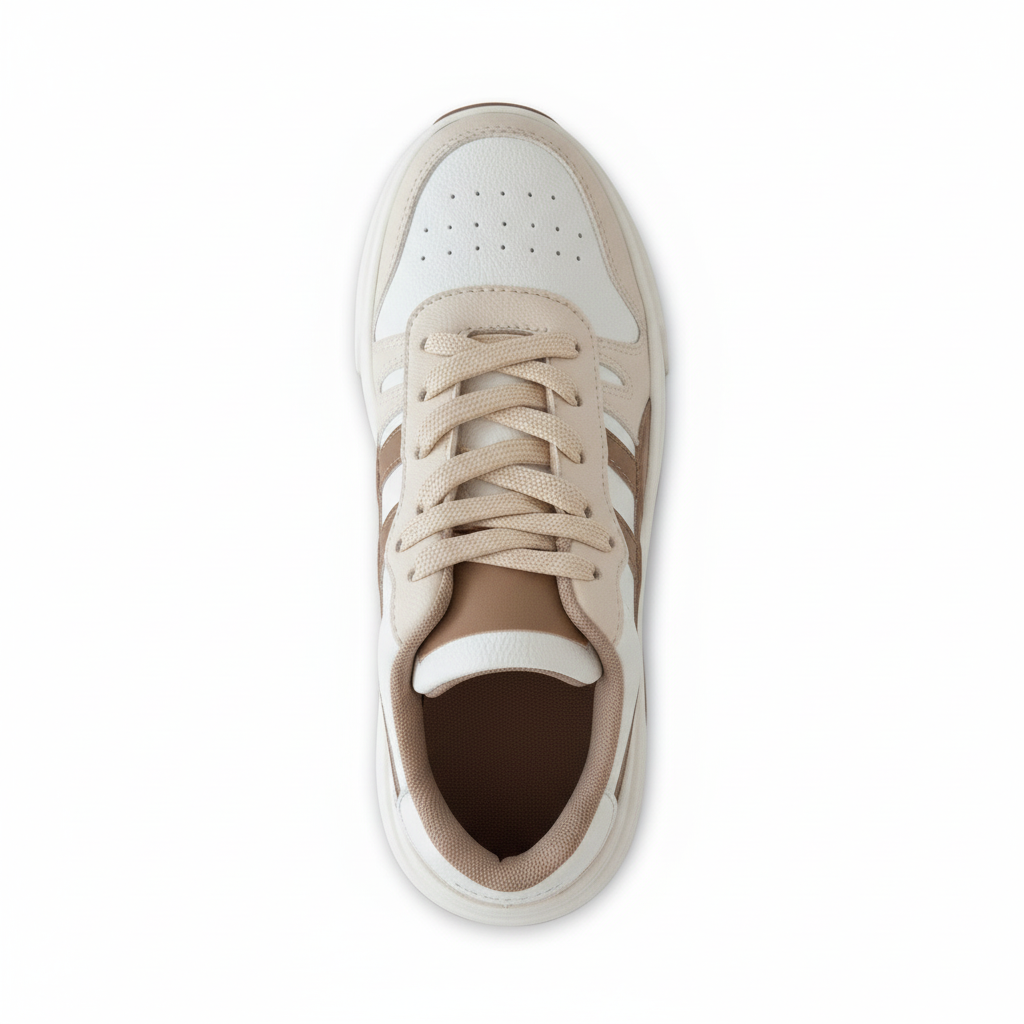 Vista aérea zapatilla deportiva blanca con detalles beige Ref 7983