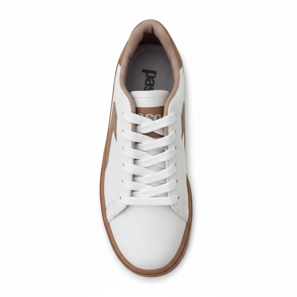Vista aérea zapatilla deportiva blanca con detalles camel Ref 8064