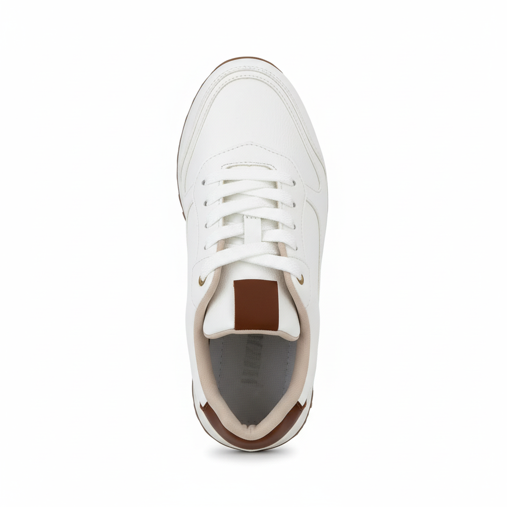 Vista aérea zapatilla deportiva blanca con detalles marrones Ref 7847
