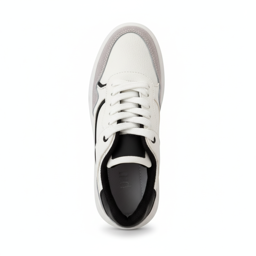 Vista aérea zapatilla deportiva blanca con detalles plateados Ref 7932 - diseño exacto
