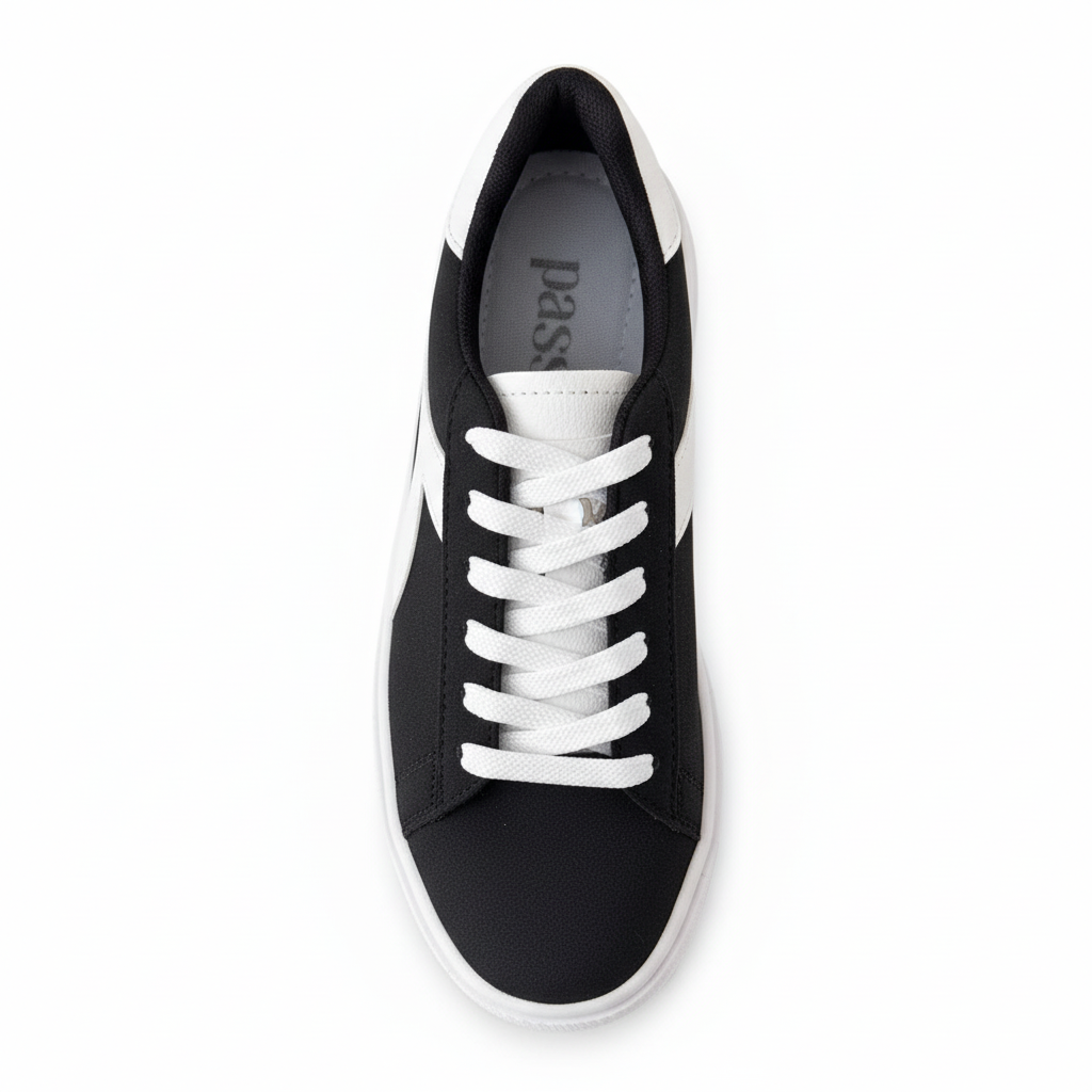 Vista aérea zapatilla deportiva negra con detalles blancos Ref 8064