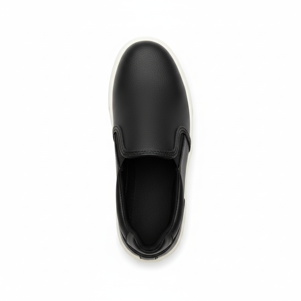 Vista aérea zapatilla slip-on negra con elásticos laterales y plataforma Ref 8188