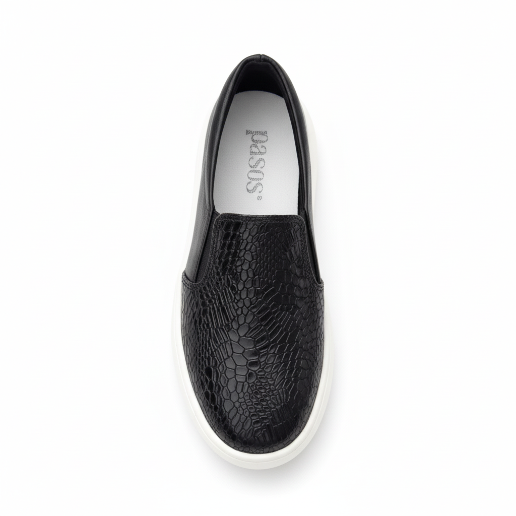 Vista aérea zapatilla slip-on negra con textura cocodrilo y plataforma Ref 8105