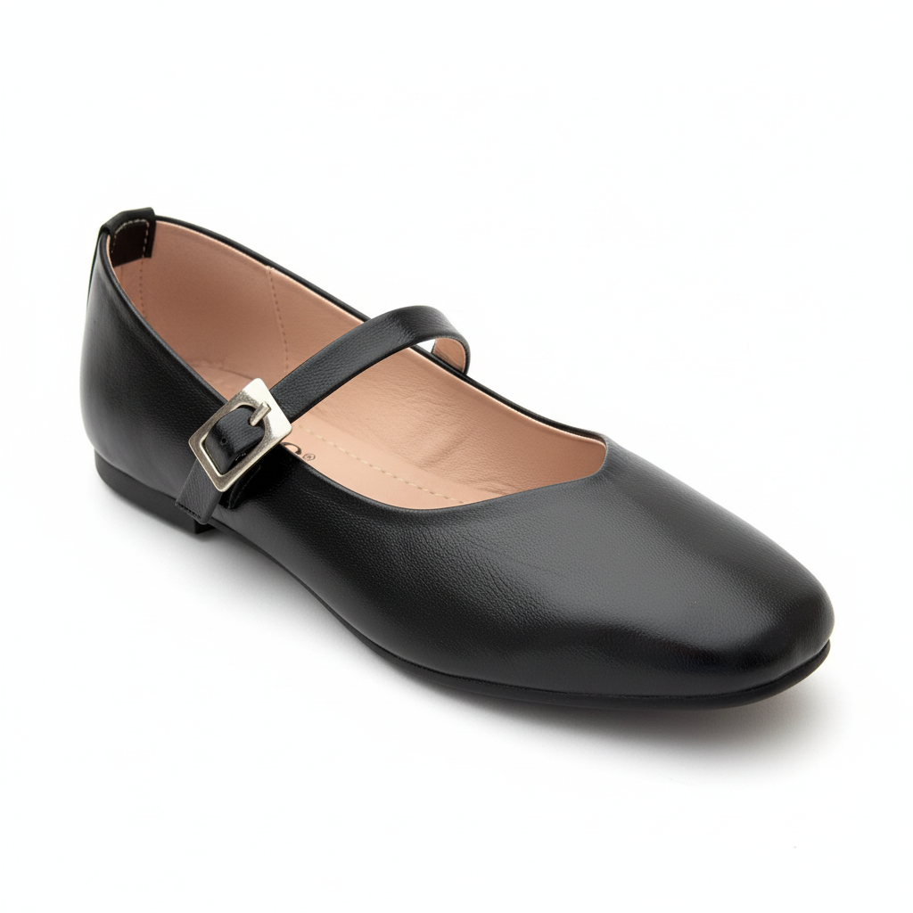 Vista angular frontal baleta cuero negro con correa y hebilla dorada Ref 8148