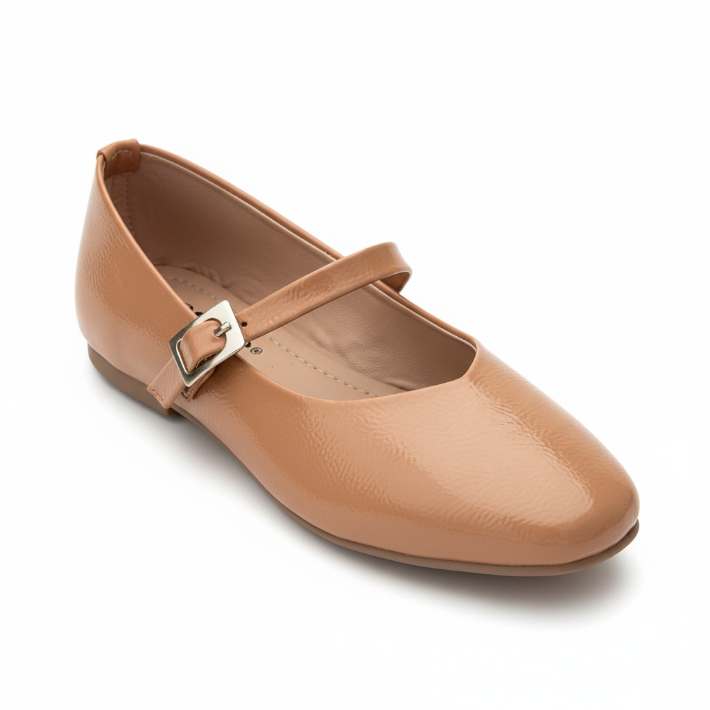 Vista angular frontal baleta cuero texturizado camel con correa y hebilla dorada Ref 8148