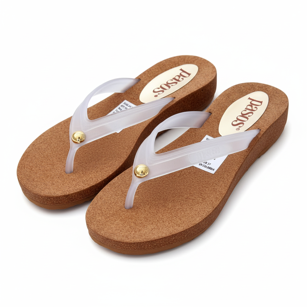 Vista angular frontal flip-flop blanco lila con corcho y detalle dorado