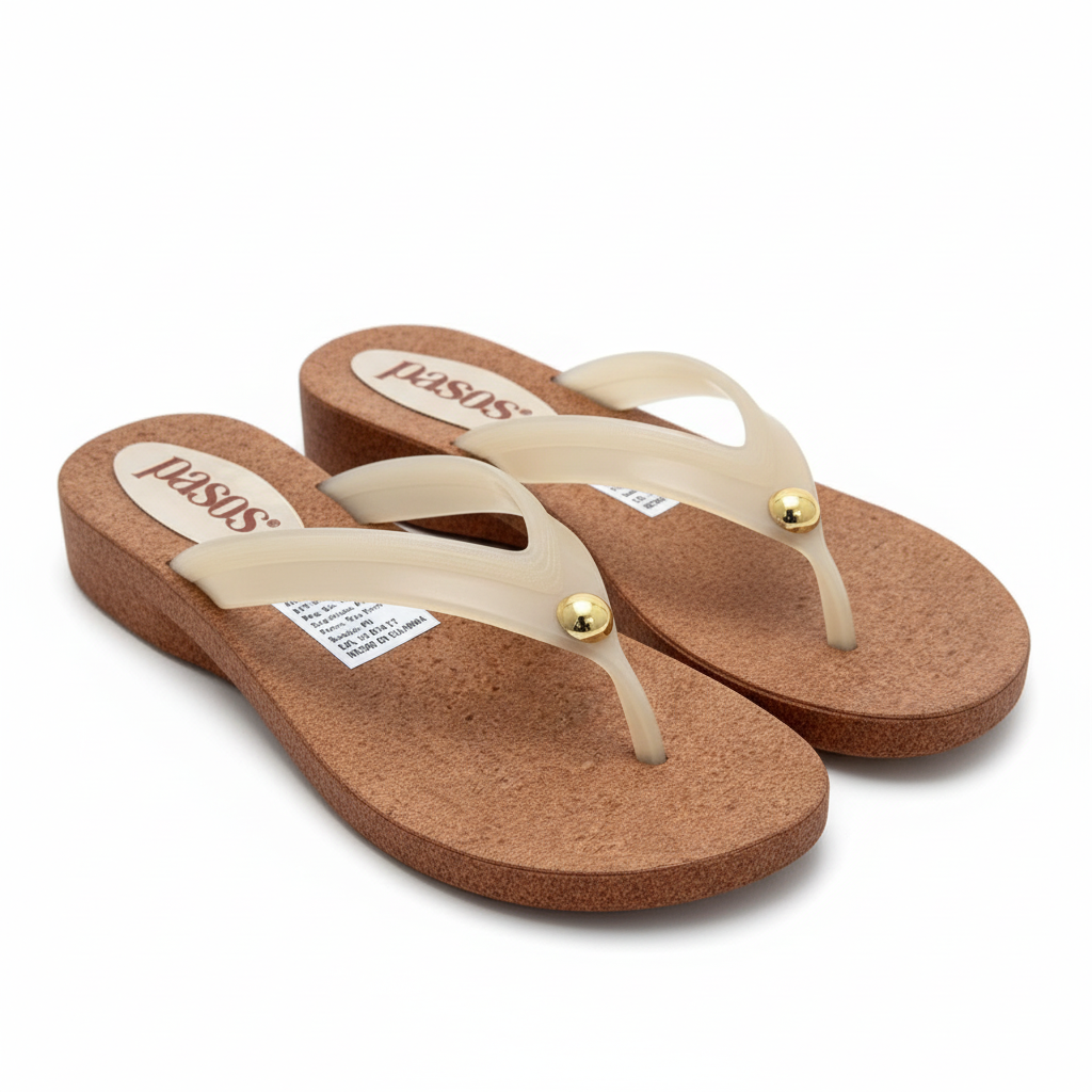 Vista angular frontal flip-flop nude con corcho y detalle dorado
