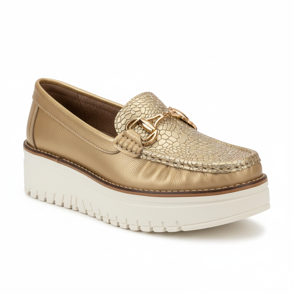 Vista angular frontal mocasín champaña con punta arrugada Ref 8166
