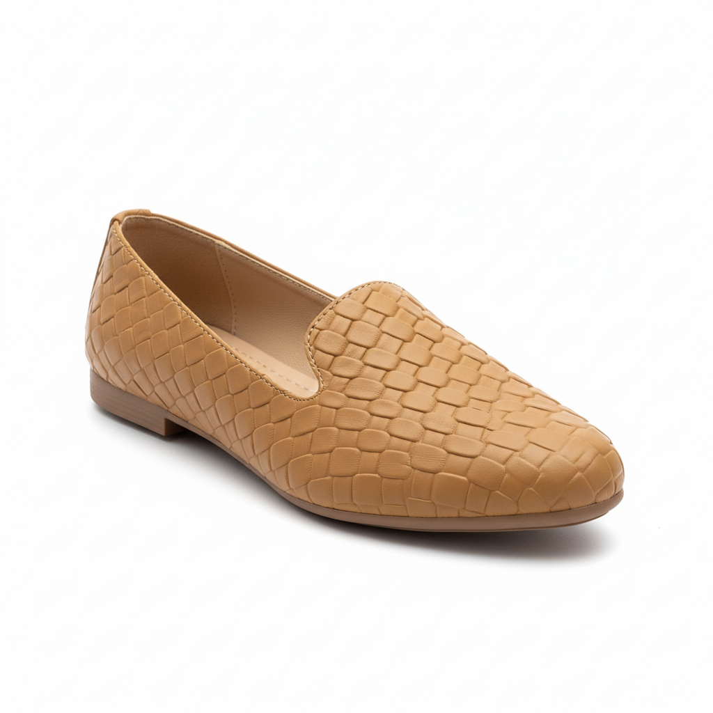 Vista angular frontal mocasín cuero tejido trenzado mostaza Ref 8144