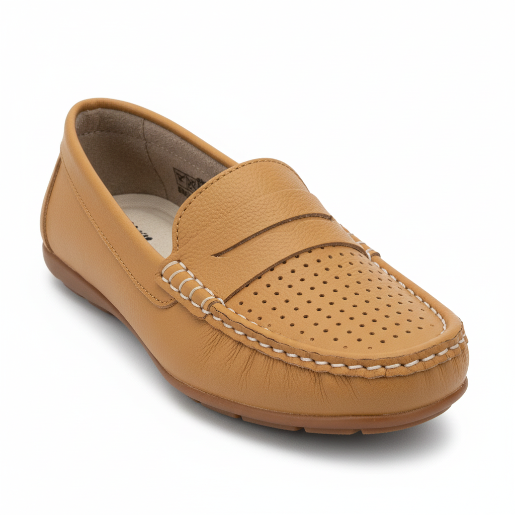 Vista angular frontal mocasín mostaza con perforaciones y banda Ref 8110