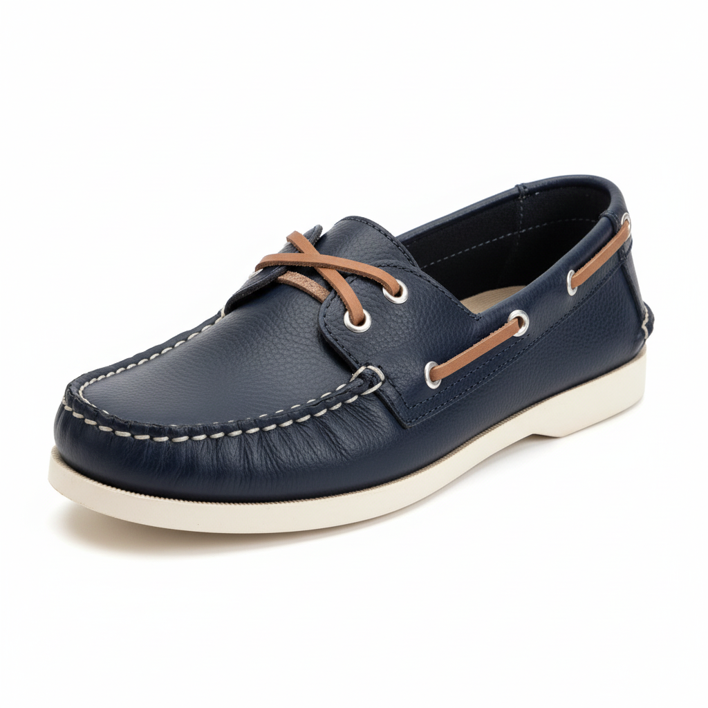 Vista angular frontal mocasín náutico azul marino con cordones café y plataforma Ref 8118