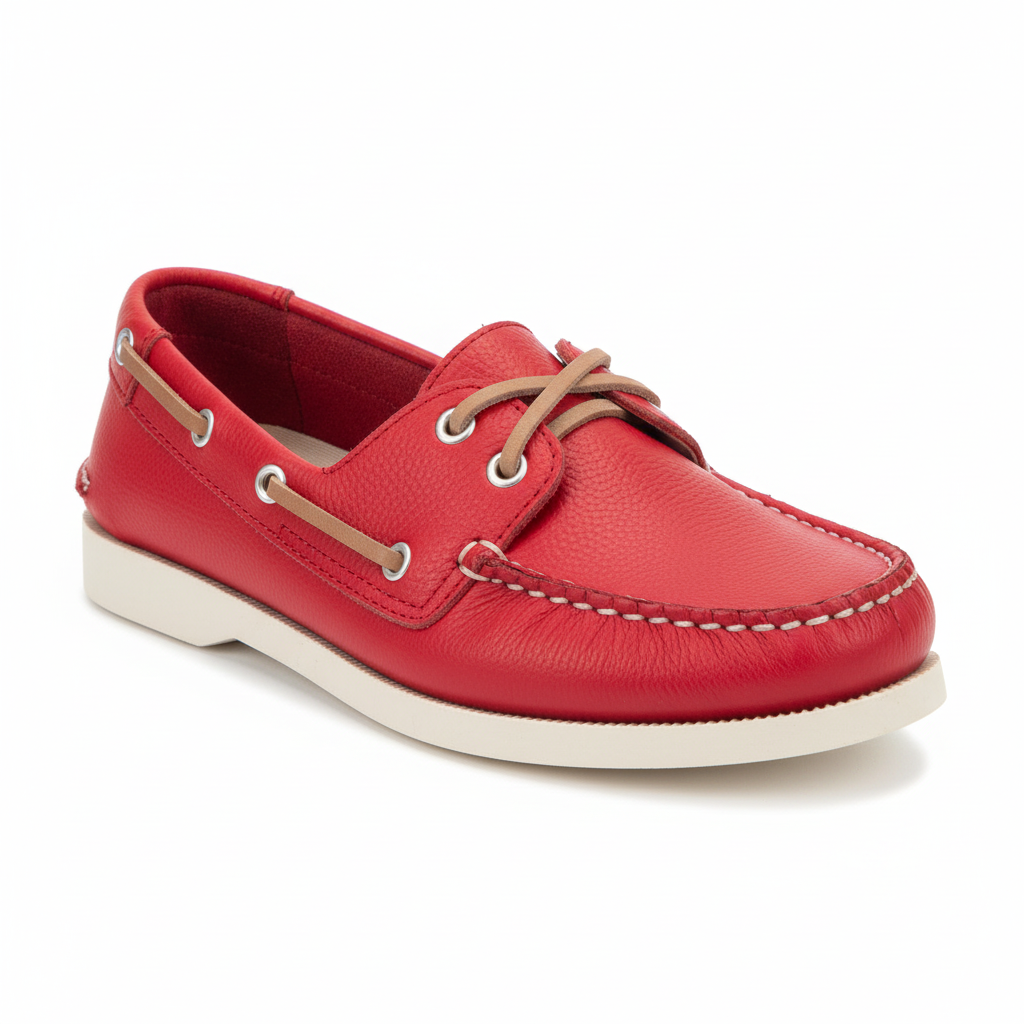 Vista angular frontal mocasín náutico rojo con cordones beige y plataforma Ref 8118