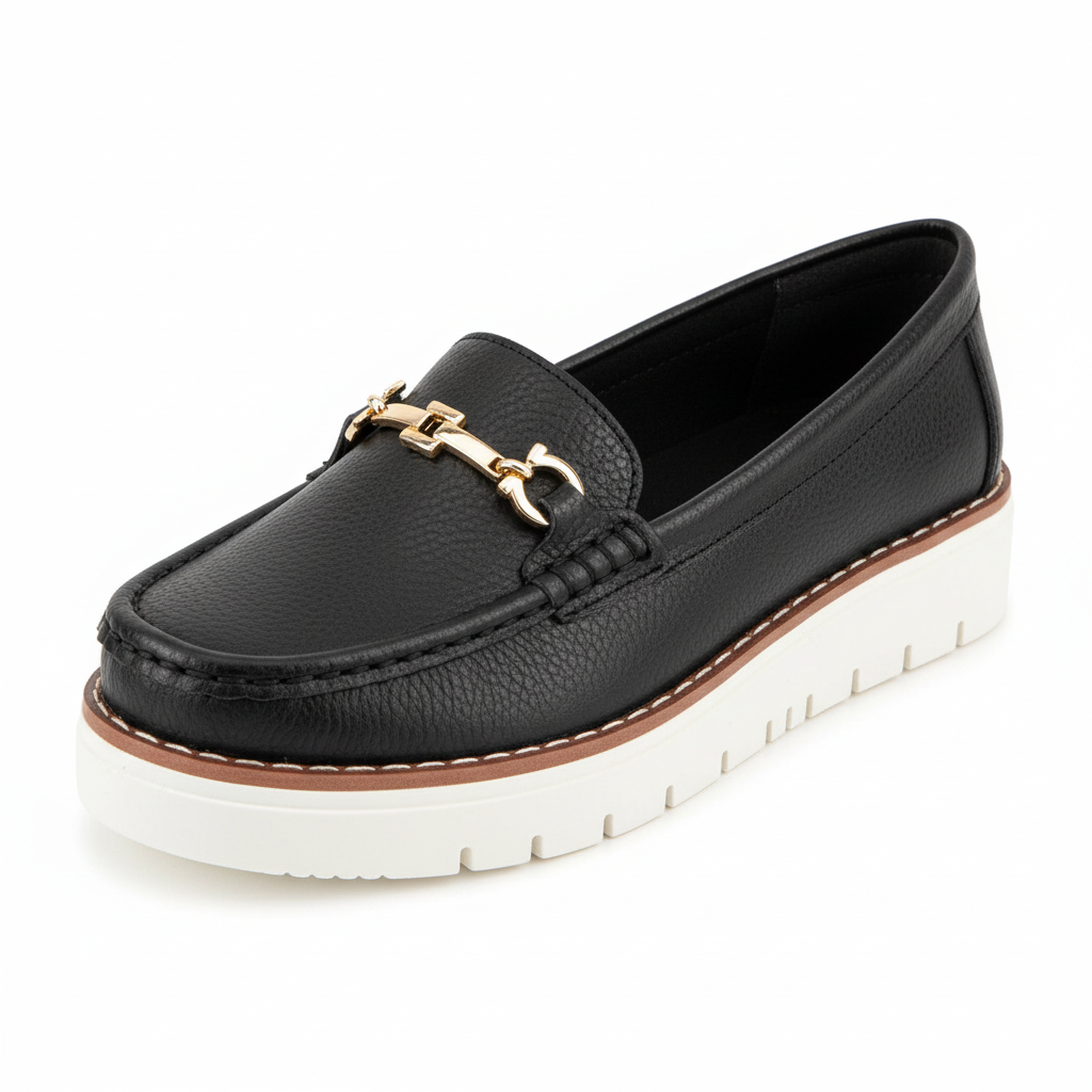 Vista angular frontal mocasín negro con hebilla cadena dorada y plataforma Ref 7736