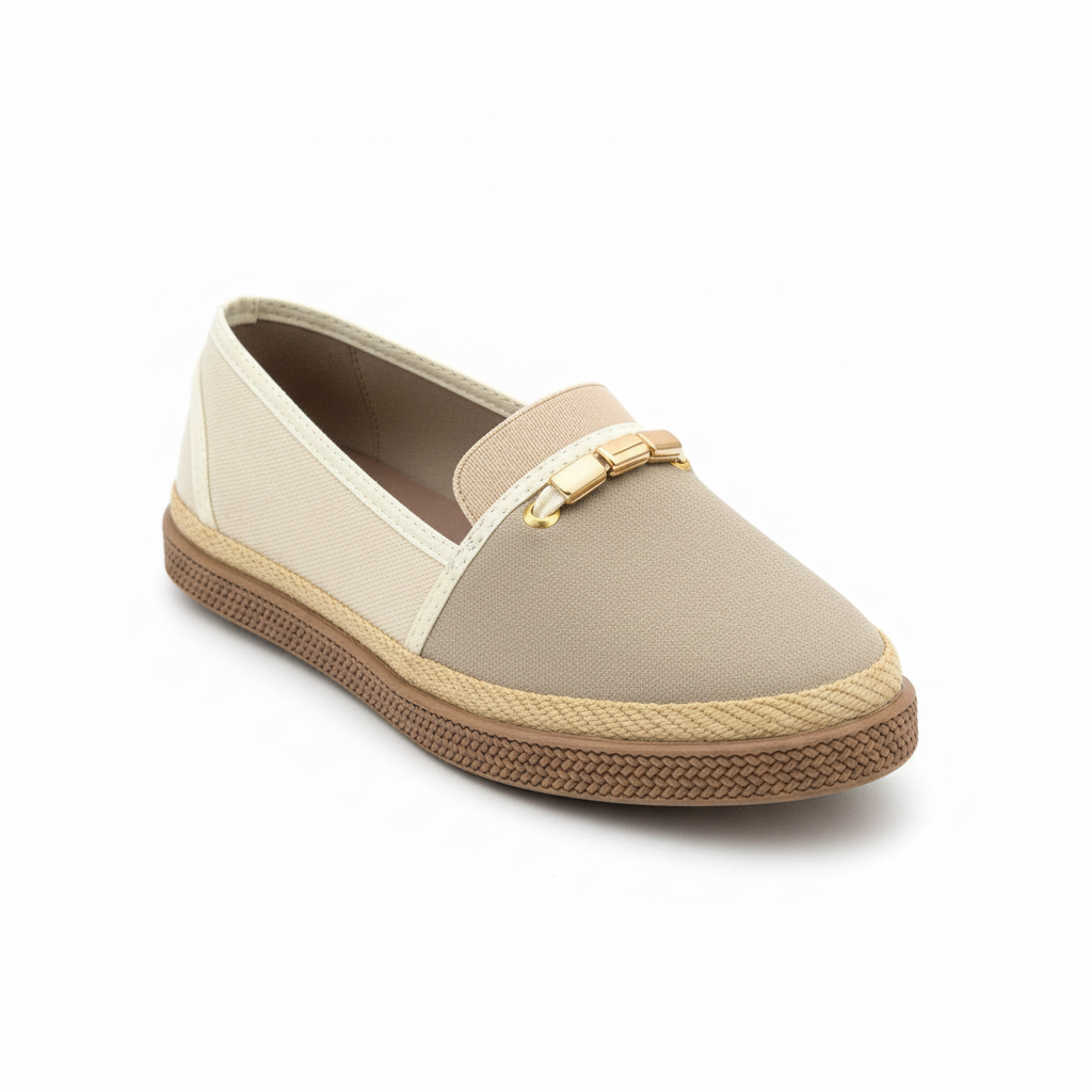 Vista angular frontal mocasín plataforma lona beige Ref 8170