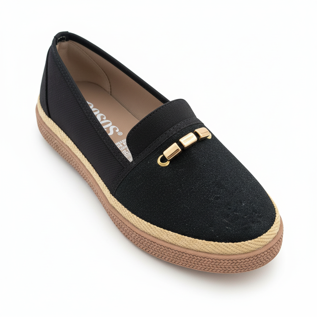 Vista angular frontal mocasín plataforma lona negra con costura original Ref 8170