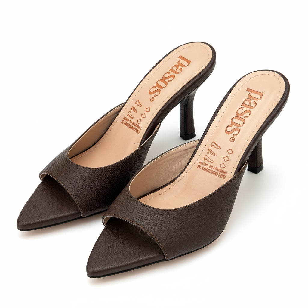 Vista angular frontal mule café - tacón forrado café