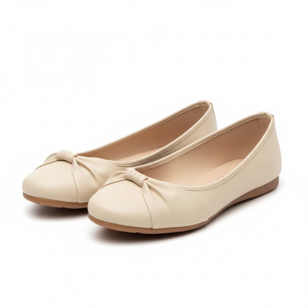 Vista angular frontal par baleta beige moño anudado elegante Ref 8194