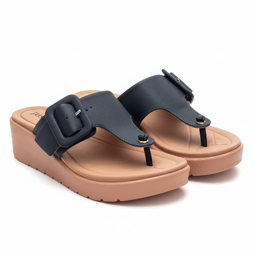 Vista angular frontal par de sandalias azul negro slide plataforma rosada con hebilla Ref 8015