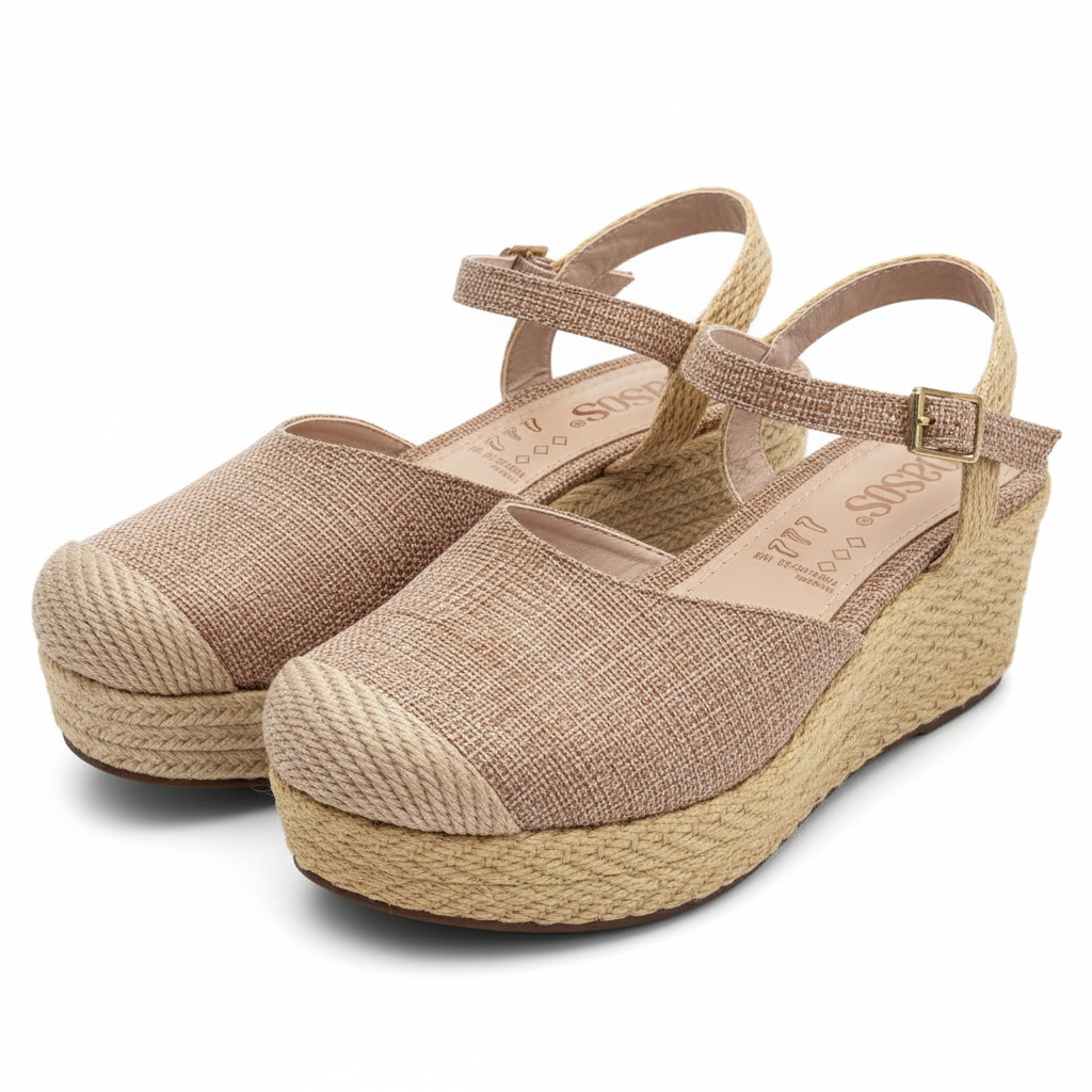 Vista angular frontal par de sandalias beige rosado tipo zueco plataforma yute Ref 7763