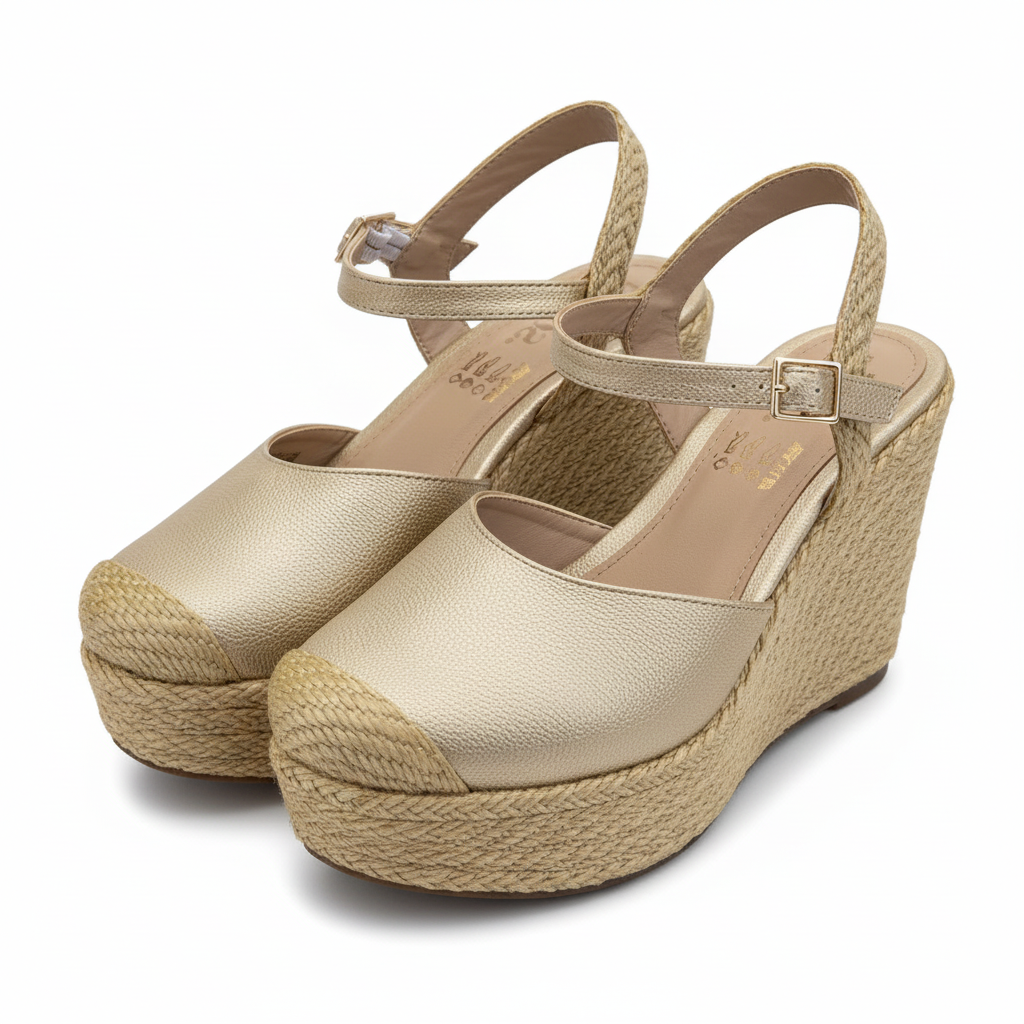 Vista angular frontal par de sandalias champaña con correa entrelazada atrás Ref 7763