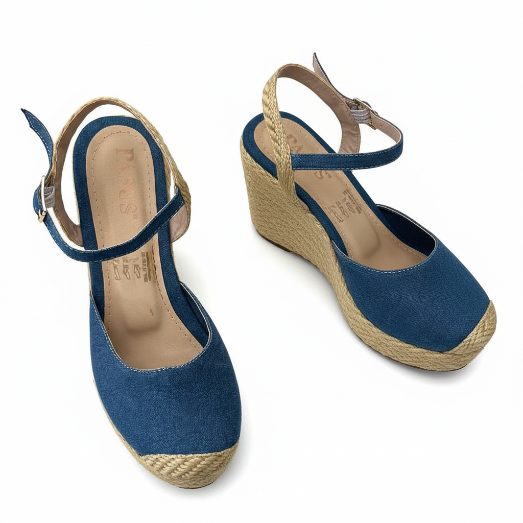 Vista angular frontal par de sandalias jean mejoradas con zuecos iguales Ref 7763