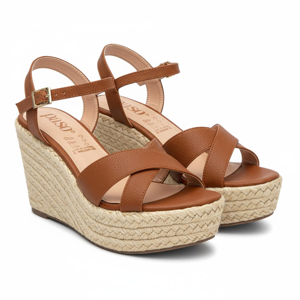 Vista angular frontal par de sandalias miel plataforma cuña yute Ref 8181