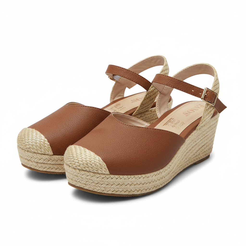 Vista angular frontal par de sandalias miel zueco cerrado con correas entrelazadas Ref 7763
