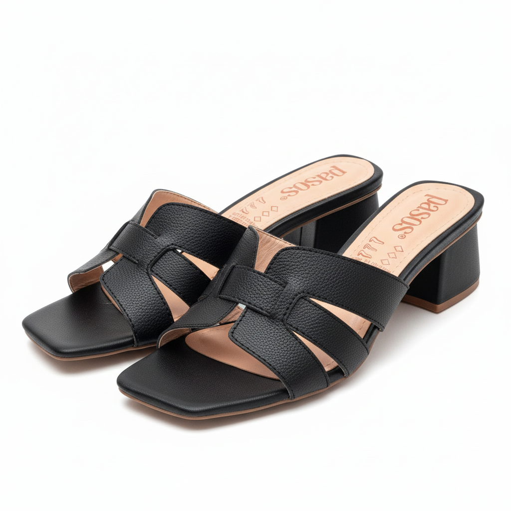 Vista angular frontal par de sandalias mule negras tacón bloque tiras cruzadas Ref 7978