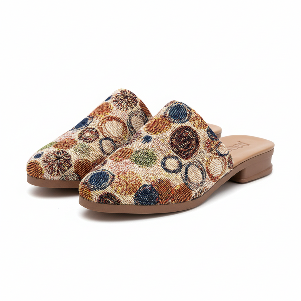 Vista angular frontal par de sandalias mule patrón círculos multicolor plataforma beige Ref 8157