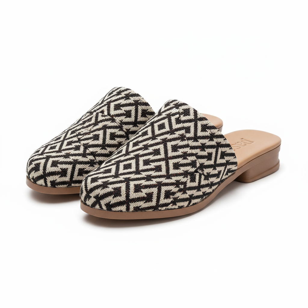 Vista angular frontal par de sandalias mule patrón geométrico blanco negro plataforma beige Ref 8157