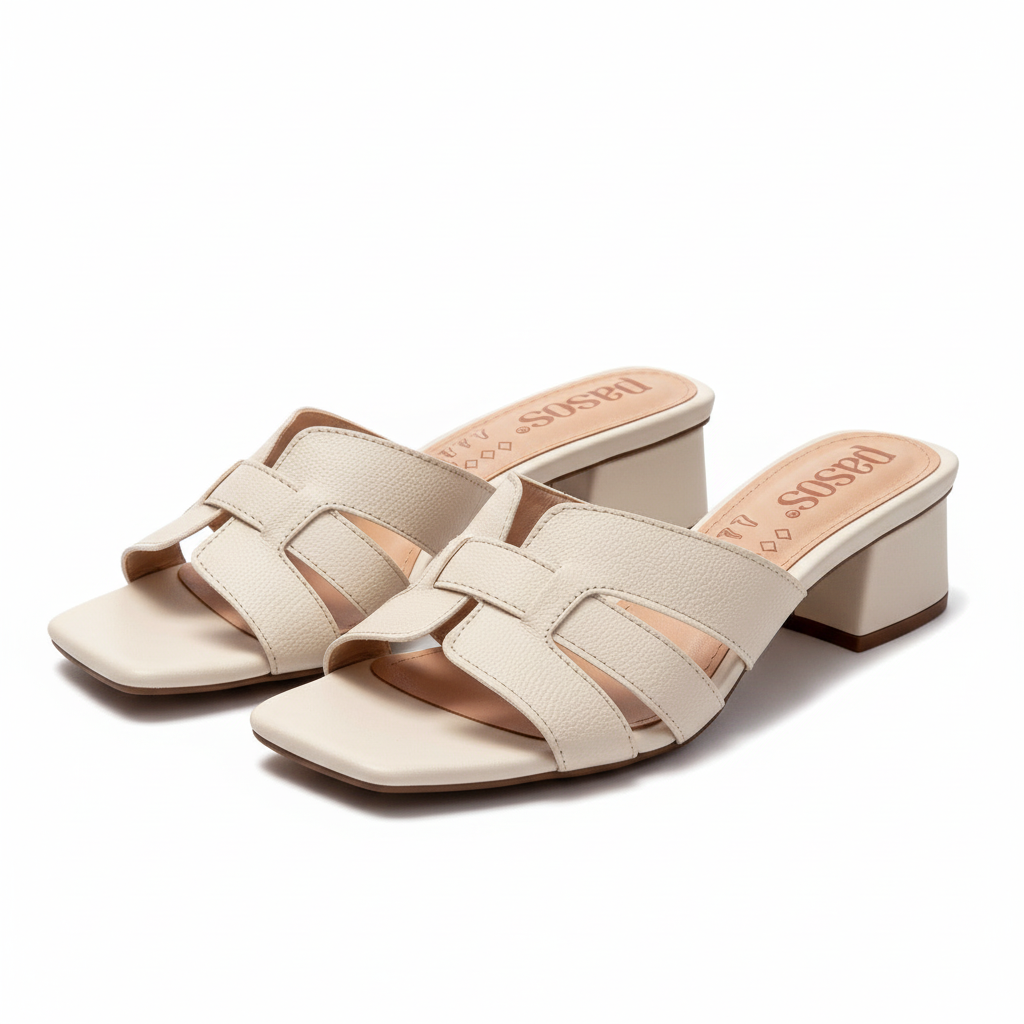 Vista angular frontal par de sandalias mule talco tacón bloque tiras cruzadas Ref 7978