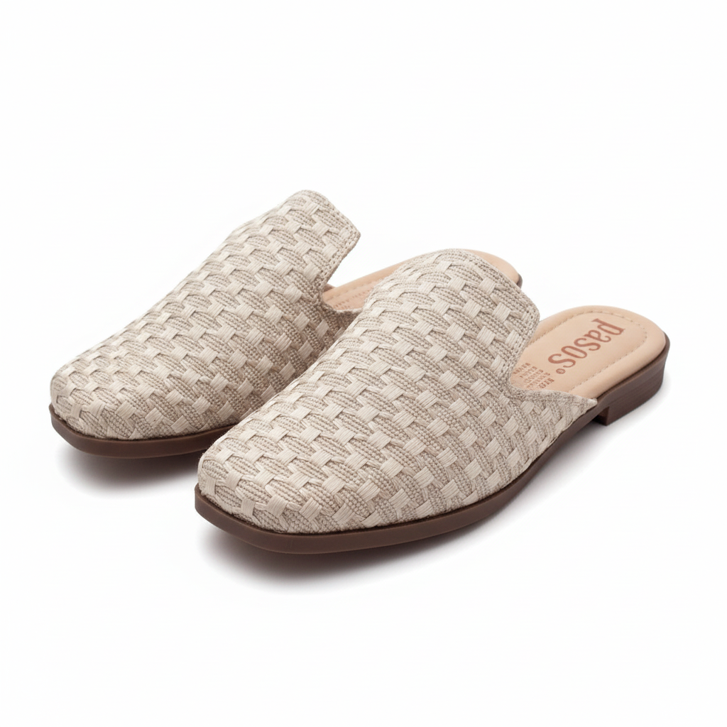 Vista angular frontal par de sandalias mule tejido beige crema bicolor plataforma beige Ref 8107