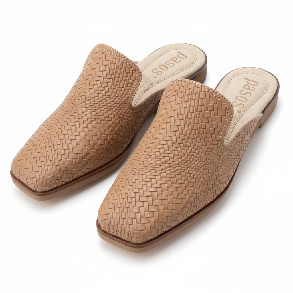 Vista angular frontal par de sandalias mule tejido camel beige plataforma beige Ref 8107