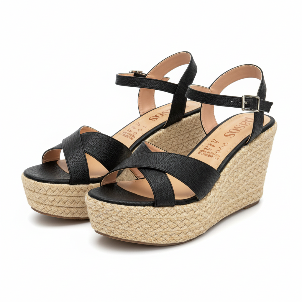 Vista angular frontal par de sandalias negras plataforma cuña yute Ref 8181