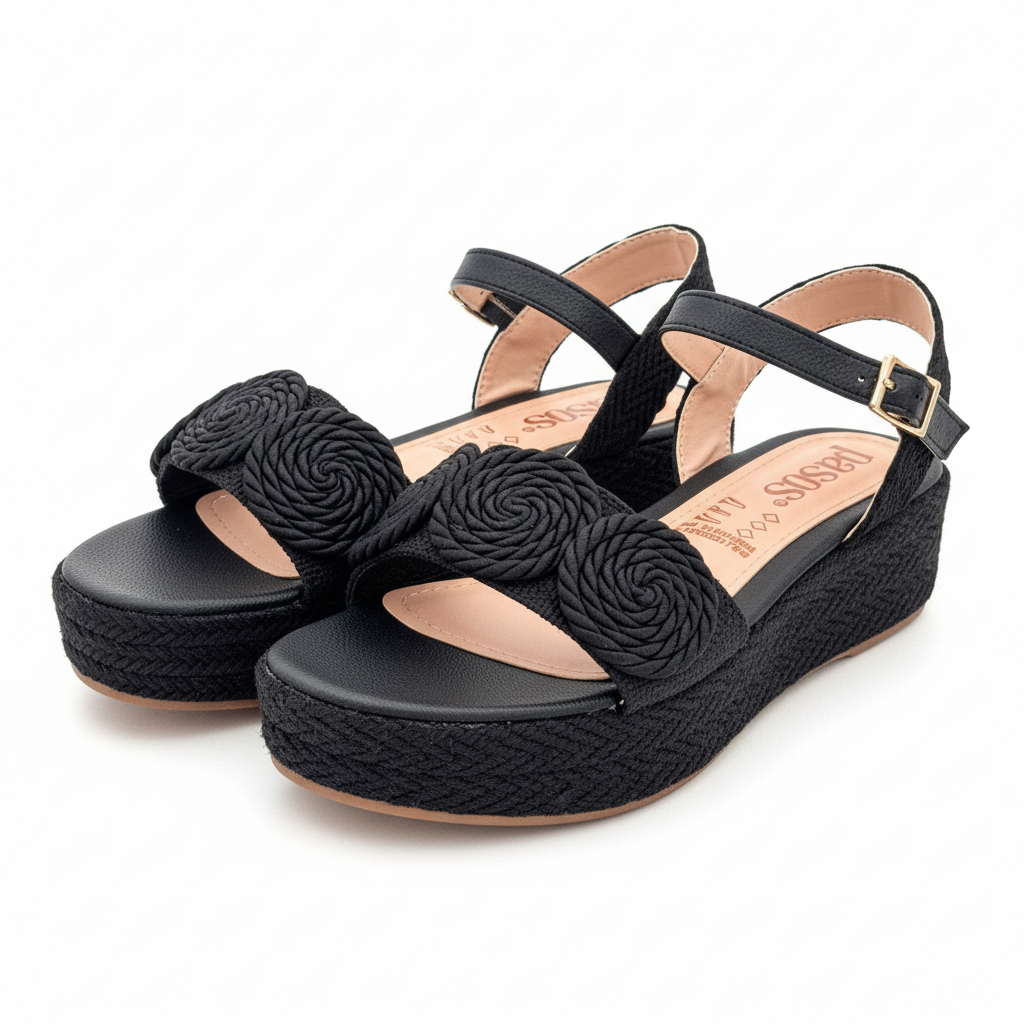 Vista angular frontal par de sandalias negras plataforma plana pareja 3cm Ref 8088