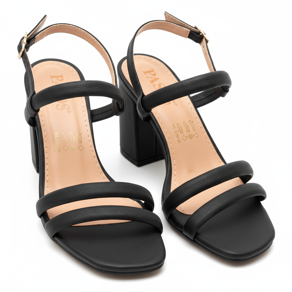 Vista angular frontal par de sandalias negras sin hebillas adicionales Ref 7589